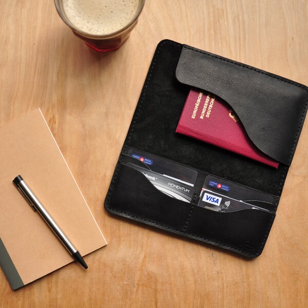 Black Leather Passport & Boarding Pass Holder, Passport Case, Leather Passport Cover, Travel Wallet