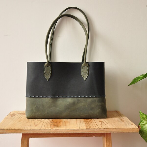 Simple Leather Tote Bag / Leather Bag / Leather Purse / Simplistic Tote / Minimalist Bag in Forest Green and Blue Leather