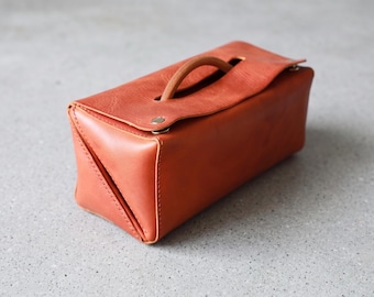 The Vault - Signature Architectural Geometry - Hand-Sewn Expandable Leather Case, Toiletry Bag, Cosmetic Bag