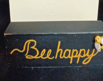 Bee Happy wooden bumble bee sign three tiered shelf display rustic farmstyle bee