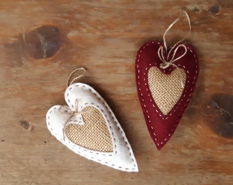 Primitive Country Heart Ornaments Christmas or Valentine's Day Ornament