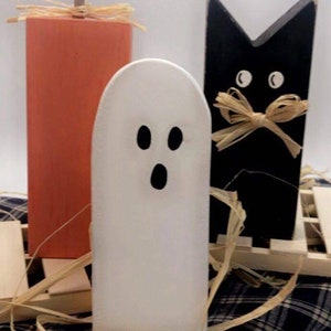 Hand painted primitive wooden fall pumpkin cat ghost decorations, shelf sitters