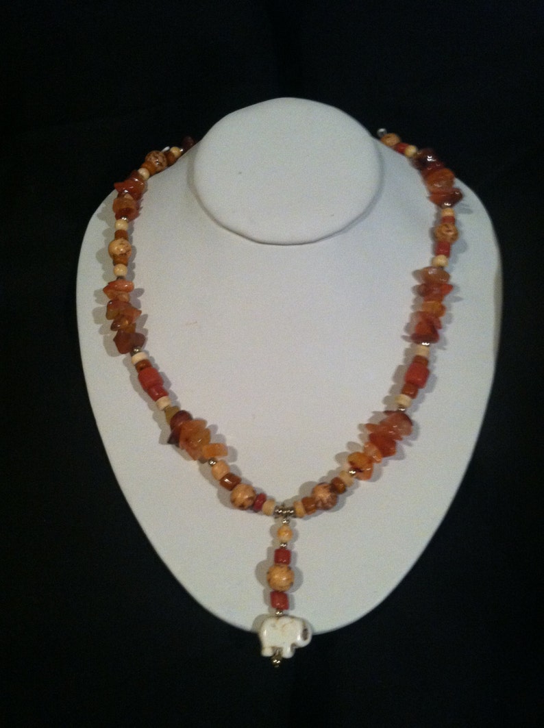 White Elephant orange stone and wood necklace and earring set