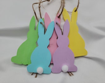 Rustic handpainted wooden bunny ornaments Easter basket tags Easter dinner name tags Easter party favors (set of 5)