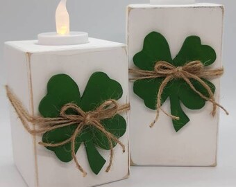 Primitive rustic farmstyle St Patrick's day decor tea light candle holders (set of 2)