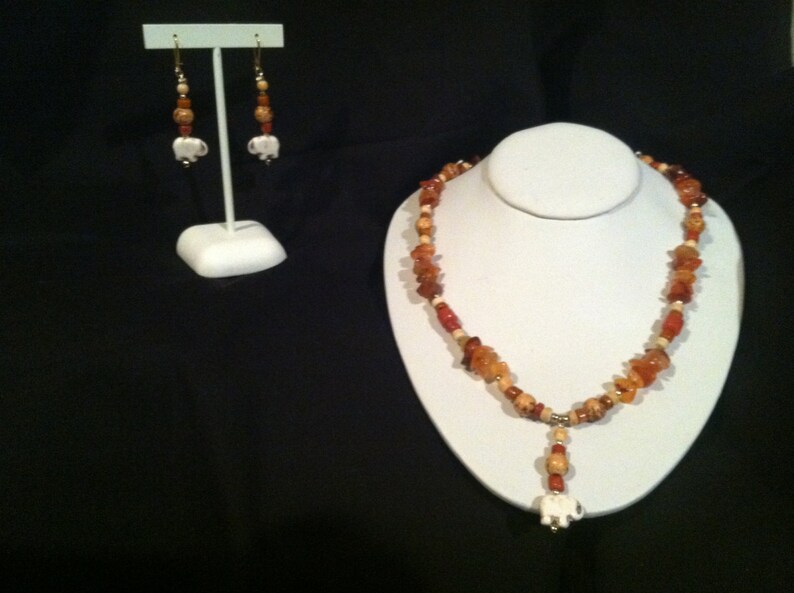 White Elephant orange stone and wood necklace and earring set