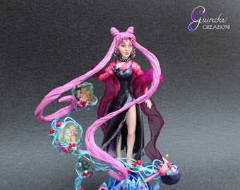 Black Lady Figurine executed entirely by hand, with polymer clay, Title: "Black Lady remembers Chibiusa"