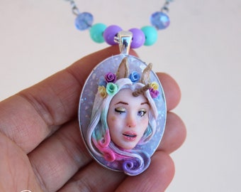 Unicorn Girl Necklace, handmade in polymer clay (fimo)