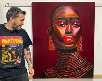 Afro Woman| RED Large Wall Art| Black art| Pop Art | Abstract Print | African American art | Wall art living room | ITAY MAGEN