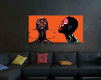 Afro Woman, ORANGE Large Wall Art, Black art,Pop Art, Abstract Print, African American art, Wall art living room, Horizontal Wall Decor