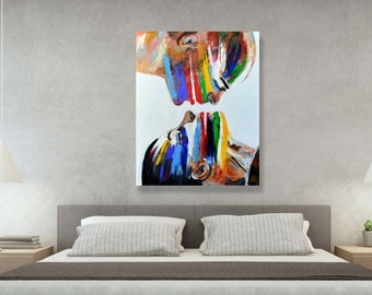 Unique Couple Art, Couple Pop Art Canvas, Couple Abstract Art, Abstract Couple Wall Art Colorful, Interesting Wall Art for Bedroom Above Bed
