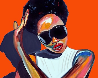 Afro Woman, Cool art, Orange wall art decor , Print on ROLLED Canvas, African American art, Modern art, Afro Art, Black art