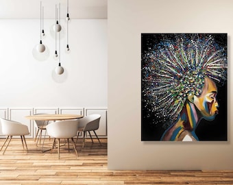 Woman Afro Art Portrait, Colorful Wall Art Print, Pop Art Canvas, African Wall Art, Contemporary Wall Art Large, Abstract Woman Portrait