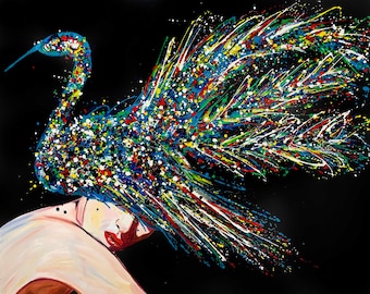 Woman Portrait Swan Print, Pop Art Canvas Print, Contemporary Wall Art, Animal Wall Art Large, Woman Print Living Room Decor, Colorful Art