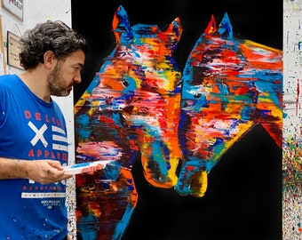 Wild Horses Wall Art, Colorful Horse Painting, Abstract Pop Art Canvas, Unique Wall Art Print, Large Artwork Modern, Living Room Canvas Art