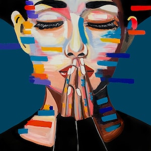 Betende Frau, Leinwanddruck, Abstraktes Frauen Porträt, Pop Art Druck, Bunte Wandkunst, Frau Druck Leinwand, Große Wandkunst