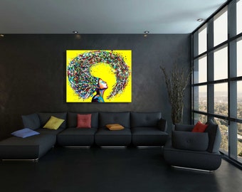 Yellow Wall Art, Colorful Woman Portrait, Living Room Wall Art, Large Wall Art, Abstract Pop Art Print, Modern Woman Wall Art, Canvas Print