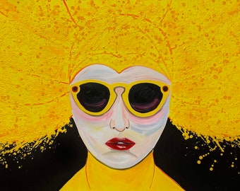 The sun- yellow pop art woman  Ready to Hang stretched Canvas Print Portrait, Wall art bedroom, Pop Art