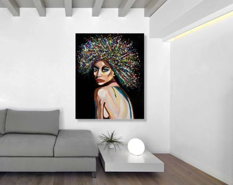 Black Woman Portrait, Afro Woman, Wall Art for Living Room, Print on Canvas, Pop Art Painting, Large Artwork Modern, Abstract Canvas Print