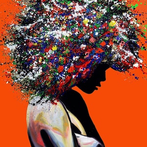 Ritratto di donna pop art arancione: stampa su tela afroamericana