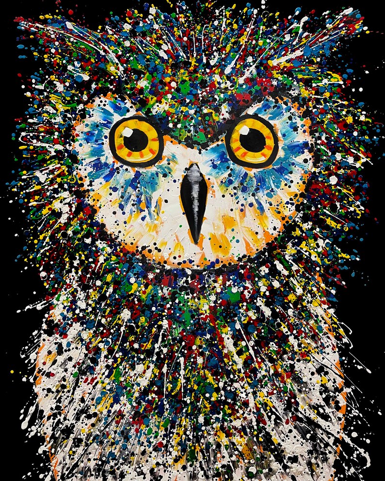 May include: A colorful abstract painting of an owl with a black background. The owl's eyes are yellow with black pupils and the feathers are painted in a variety of colors, including blue, green, red, and white.