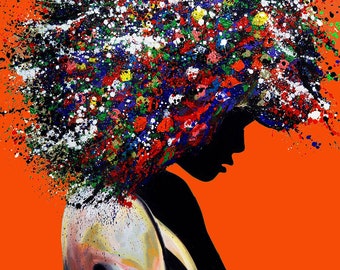 Pop Art Afro woman| Black art| Bohemian wall decor| Modern home decor| Art Deco| African American art| ORANGE| Ready to Hang