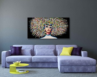 Pop Art, Afro Woman, Large Wall Art, Black art ,Cool Art, Abstract Print, African American art, Wall art living room, Horizontal Wall Decor