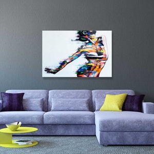 May include: Abstract painting of a colorful figure on a white background. The figure is made up of various colors and shapes, creating a dynamic and energetic composition.