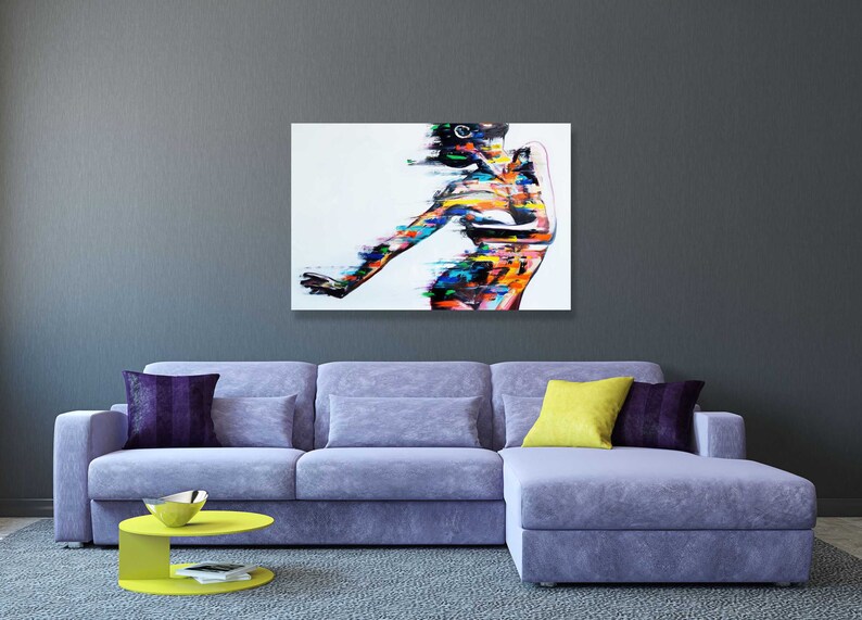 May include: Abstract painting of a colorful figure on a white background. The figure is made up of various colors and shapes, creating a dynamic and energetic composition.