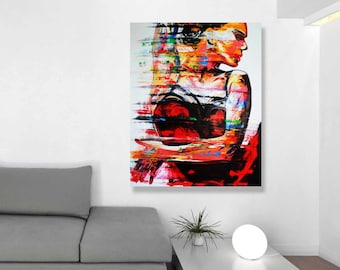 Abstract Woman Portrait, Vertical Print on Canvas, Pop Art Print, Colorful Woman Wall Art, Large Artwork Modern, Living Room Canvas Wall Art