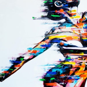 May include: Abstract painting of a person with colorful brushstrokes in shades of blue, green, yellow, orange, pink, and black. The person's body is depicted in a dynamic pose, with their arms outstretched and their head tilted back.