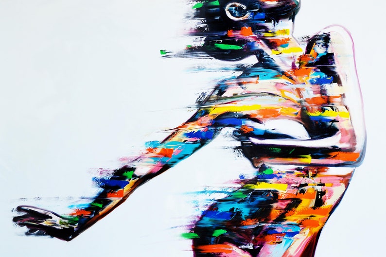 May include: Abstract painting of a person with colorful brushstrokes in shades of blue, green, yellow, orange, pink, and black. The person's body is depicted in a dynamic pose, with their arms outstretched and their head tilted back.
