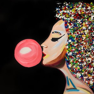 Pink Bubble Gum Print, Woman Portrait Colorful, Horizontal Print on Canvas, Pop Art Print, Abstract Woman Art, Living Room Canvas Wall Art