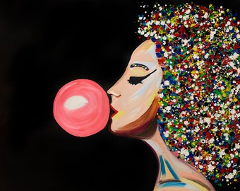 Pink Bubble Gum Print, Woman Portrait Colorful, Horizontal Print on Canvas, Pop Art Print, Abstract Woman Art, Living Room Canvas Wall Art