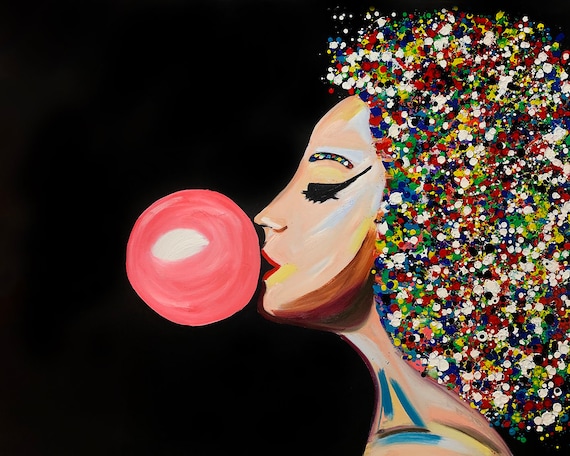 Pink Bubble Gum Woman Portrait: Colorful Pop Art Canvas Print