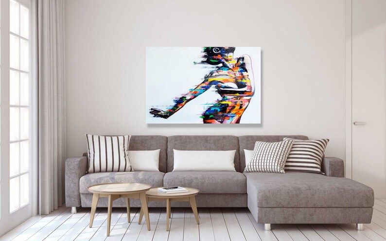 May include: Abstract painting of a person with colorful lines and shapes on a white background.