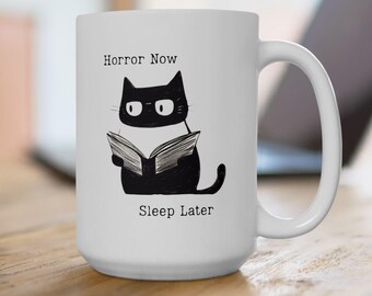 Cat Reading Horror Book Ceramic Mug, Horror Lover Gift, 15oz