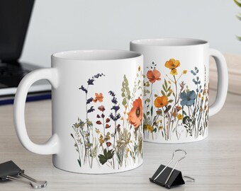 Wild Flowers Coffee Mug, Pressed Spring Flowers, 11oz