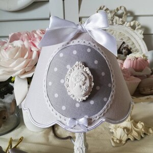 Scalloped lampshade in pearl gray linen, gray polka dot medallion, white cameo **** Made to order****