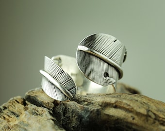 Handmade Sterling Silver Feather Ring, Adjustable Plume Jewelry