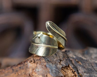 Handmade Brass Feather Ring, Adjustable Band, Minimalist Jewelry