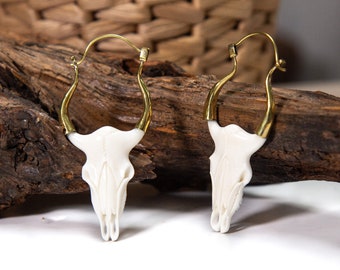 Hand Carved White Bone Skull, detail sculpture, Brass Earrings