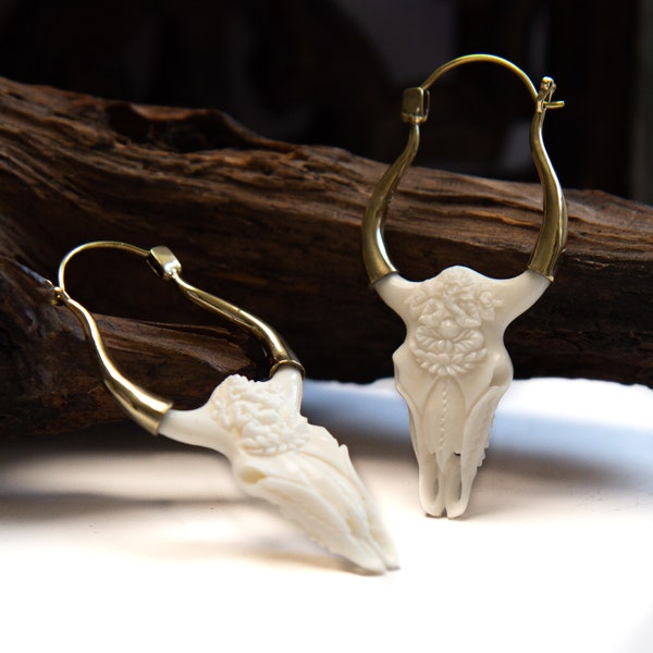 Hand Carved White Bone Skull with Ganesh detail sculpture, Brass Earrings