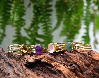 Gold plated Gemstone Ring, Natural Stone, Adjustable Ring, Quartz Ring, Oval Stone, Amethyst, Citrine, Rose Quartz, Green Quartz