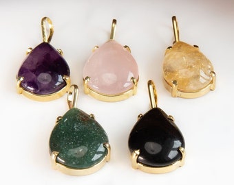 Stone Drop-Shaped Pendants, Stainless Steel Pendant, Amethyst Pendant, Gold Plated Pendant, Drop Pendant