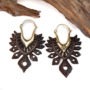 Wooden Earrings, wood and brass earrings, Tribal earrings, Boho earrings, Handmade