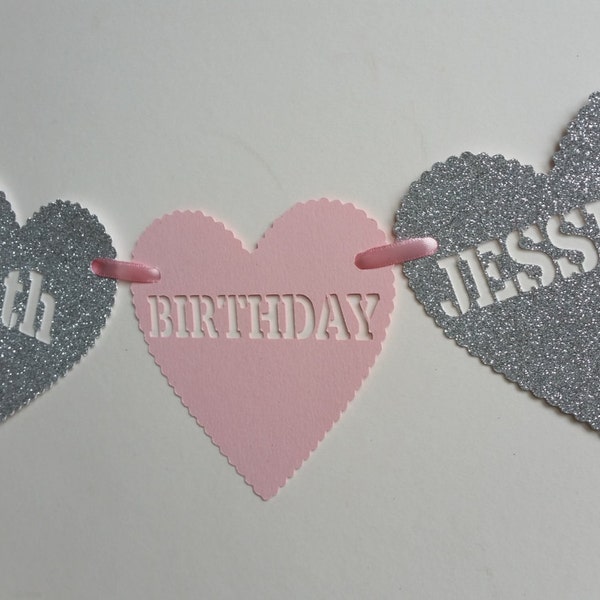 Personalised pink and silver glitter Happy Birthday  age bunting. Any age or name pink and silver birthday celebration heart garland banner