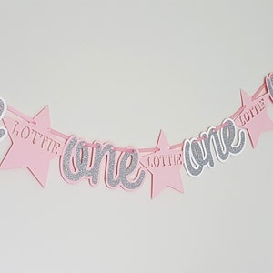 Personalised Age One Bunting -1st Birthday Party Decor -Cake Smash Bunting -One Banner Pale Pink Silver Glitter And White