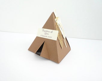 Scatolina portaconfetti in teepee liberty marrone, beige e oro con piume per battesimo, comunione, matrimonio, compleanno... fatta a mano