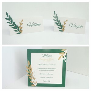 Marque-place ou menu vert, blanc et or avec décoration plante pour baptême, communion, mariage, anniversaire, fait main